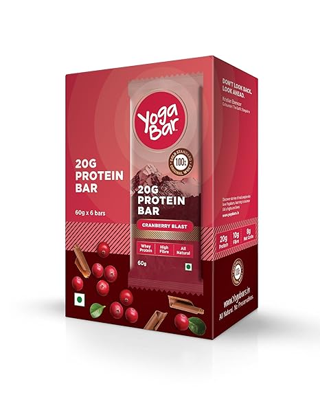 Yogabar Protein Chocolate Cranberry Bars - 360gm, 6 x 60 g (Box of 6 bars)