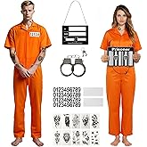 UQJE 15 Piece Prisoner Costume Orange Jumpsuit Inmate Costume Set Prison Jail Jumpsuit Halloween Criminal Accessories