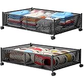 Gawerk Under Bed Storage with Wheels, Foldable Metal Mesh Underbed Storage Container Bins, Tool-free Assembly Clothes Drawer Organizer,2Pack