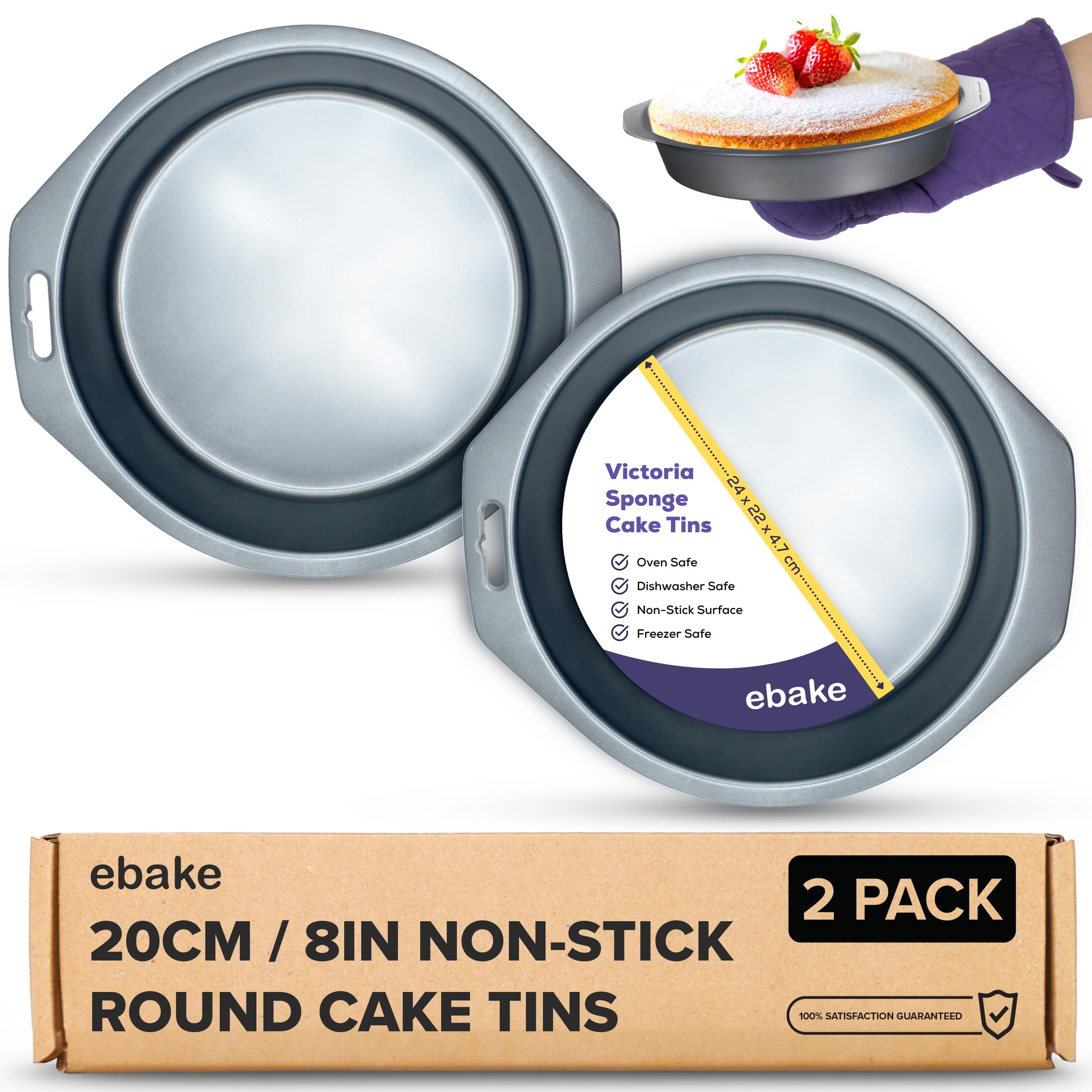 ebake Victoria Sponge Cake Tins - 2 Packs of 8 Inch Cake Tin - Non-Stick Round Cake Tins for Baking Cake, Pies, and Pudding - Easy to Clean Black Carbon Fixed Base Round Cake Tin with Handle