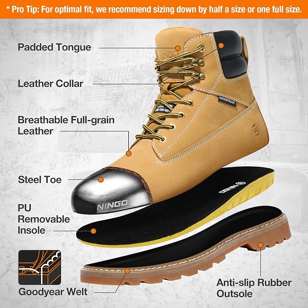 NINGO WATERPROOF STEEL TOE WORK BOOTS FOR MEN, 6″ NON SLIP COMFORTABLE LEATHER WORKBOOTS, MENS SAFETY CONSTRUCTION SHOES FOR OUTDOOR INDUSTRIAL