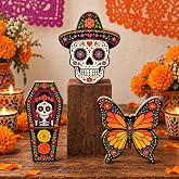 Putuo Decor Dia de los Muertos Icons Decoration Set | Three Day of the Dead icons: coffin, sugar skull with sombrero and monarch butterfly. Self-standing decor.