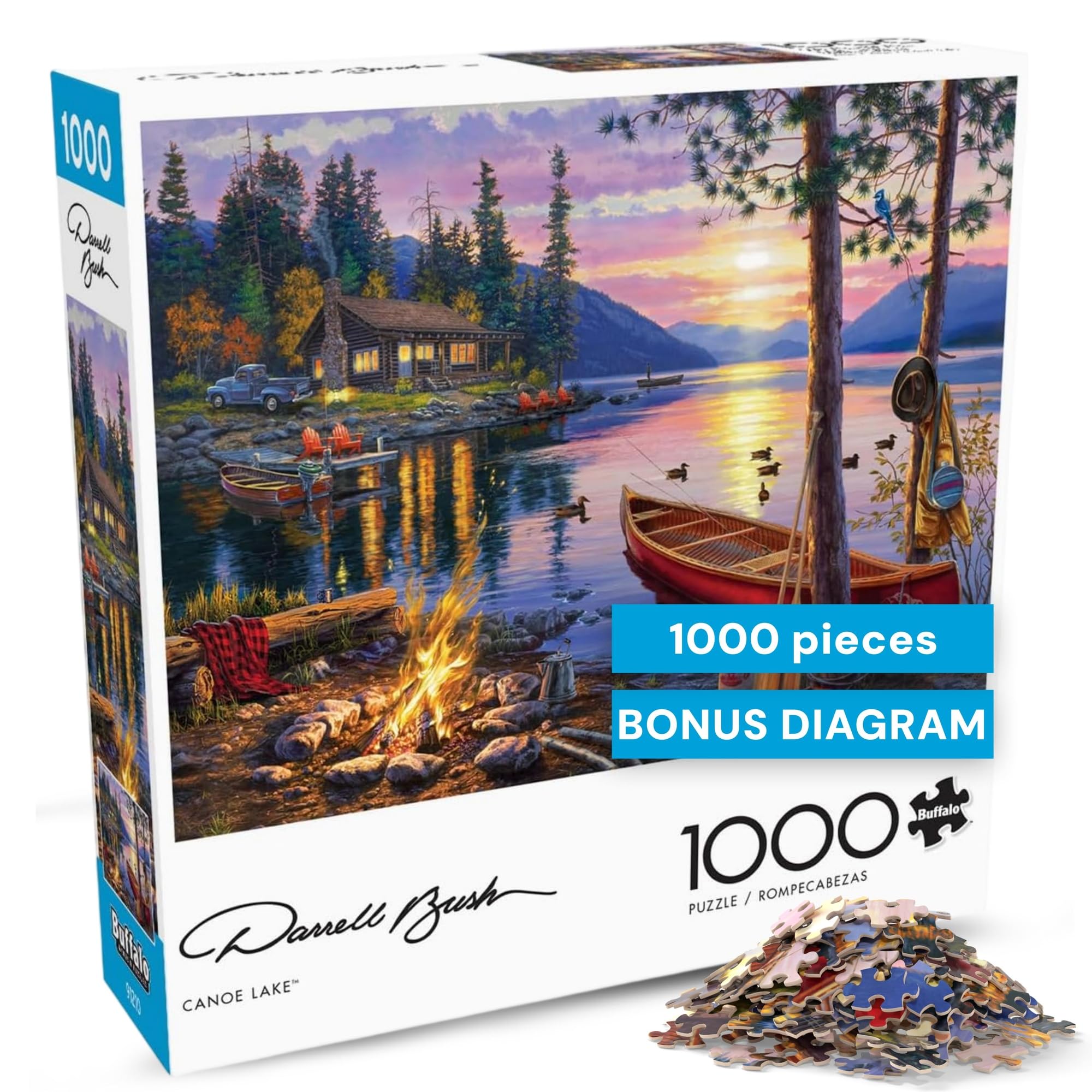 Buffalo Games - Canoe Lake 1000 Piece Puzzle for Adults - Jigsaw Puzzles – Darrell Bush Cabin Sunset Artwork with Poster – Challenging Outdoor Nature Scene