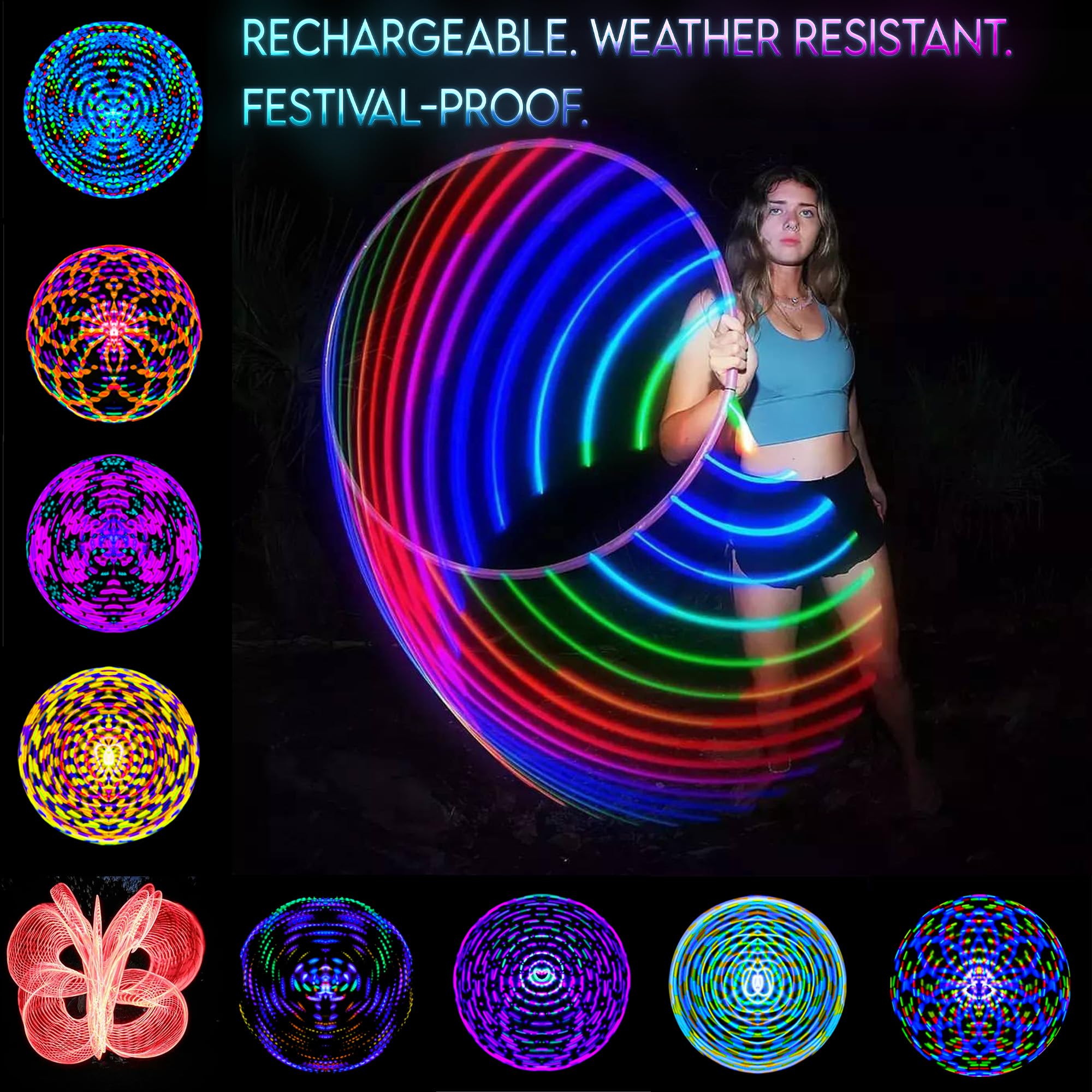 UltraPoi UltraHoop Shuffle LED Hoop – Smart Auto Color Changing LEDs w/ 100+ Light Patterns – Rechargeable, Collapsible, Beginner to Advanced Glow in the Dark Flow Toys Hoola Hoops for Raves & Parties