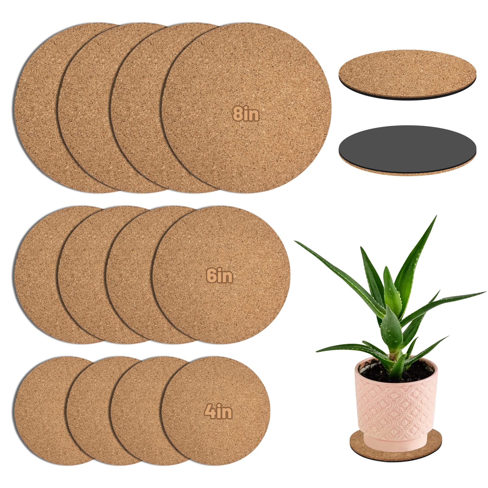 12 Pack, 3 Sizes Cork Plant Pad Coasters, DSVENROLY Absorbent Round Mats Saucer for Gardening Planter Indoor, Outdoor, 4, 6, 8 Inch