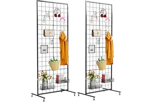 VGMiu Gridwall Panel 2PCS Display Stand 2' x 5.2' FT Black Wire Gird Wall Panels Movable Retail Display Racks Floorstanding Grid Wall Heavy Duty with Wheel for Art Craft Photo Display Fair Trade Show