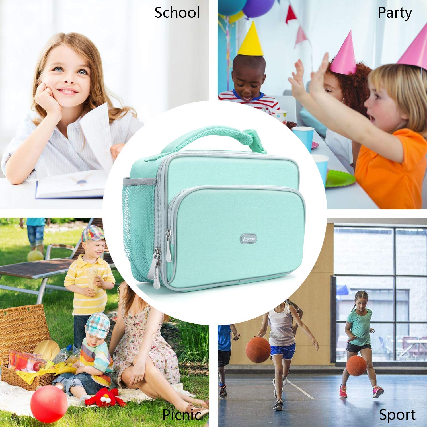 Amersun Kids Lunch Box, Insulated School Lunch Bag with Padded Liner Keep Food Warm Cold for Long Time,Water-resistant Thermal Travel Office Lunch Cooler for Girls Boy-2 Pocket,Light Blue