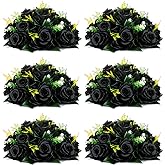NUPTIO Black Artificial Roses Flowers: 6 Pcs Fake Flower Bouquet Halloween Decorations - 15 Heads Artificial Rose Centerpieces with Base for Gothic Wedding Party Table Decor