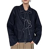 OYOANGLE Women's Bow Tie Front Denim Jacket Long Sleeve Collared Jean Jackets with Pockets Trendy Shacket