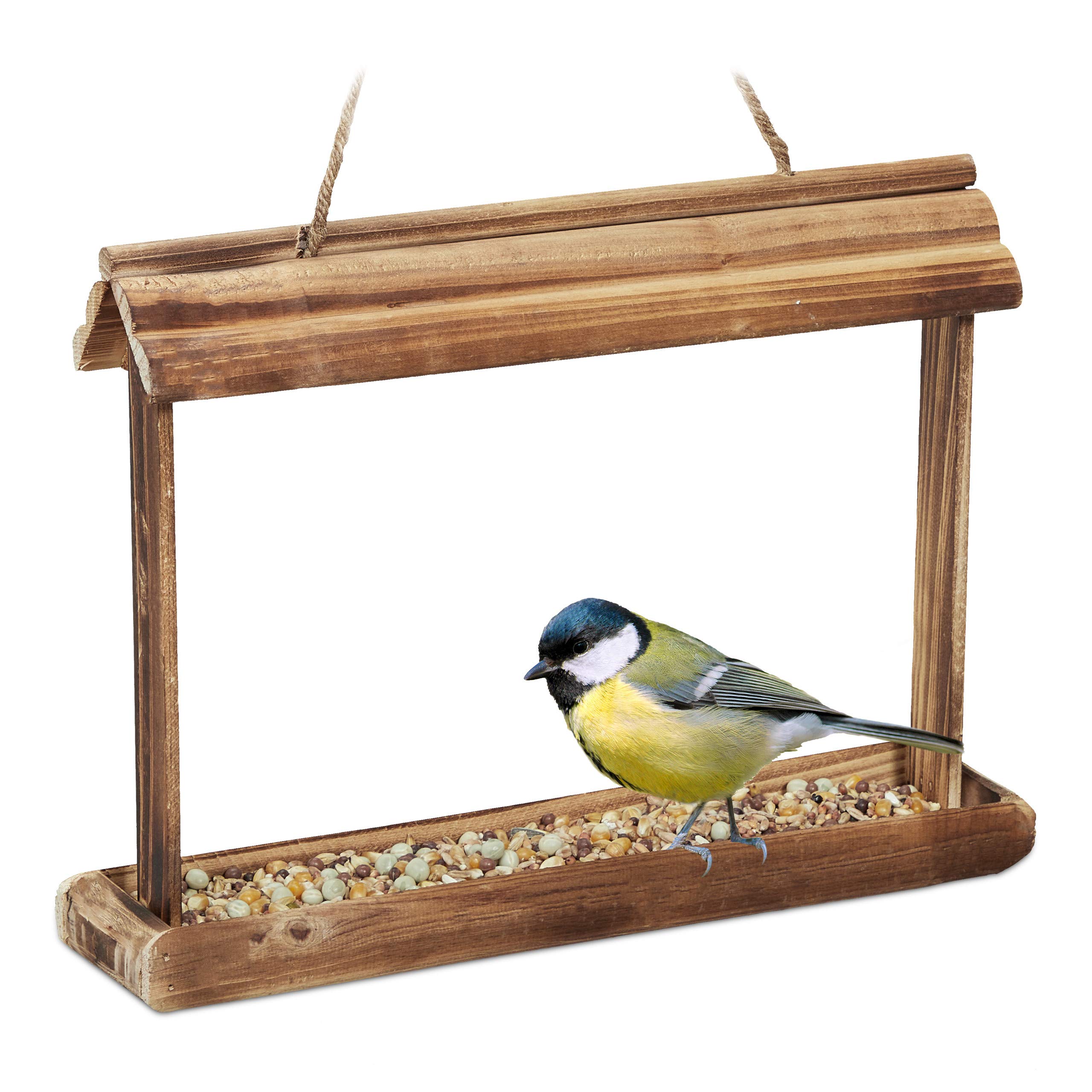 Relaxdays Bird Feeder, Feeding Station, Hanging, H x W x D: 23.5 x 32 x 7.5 cm, Wood, Natural