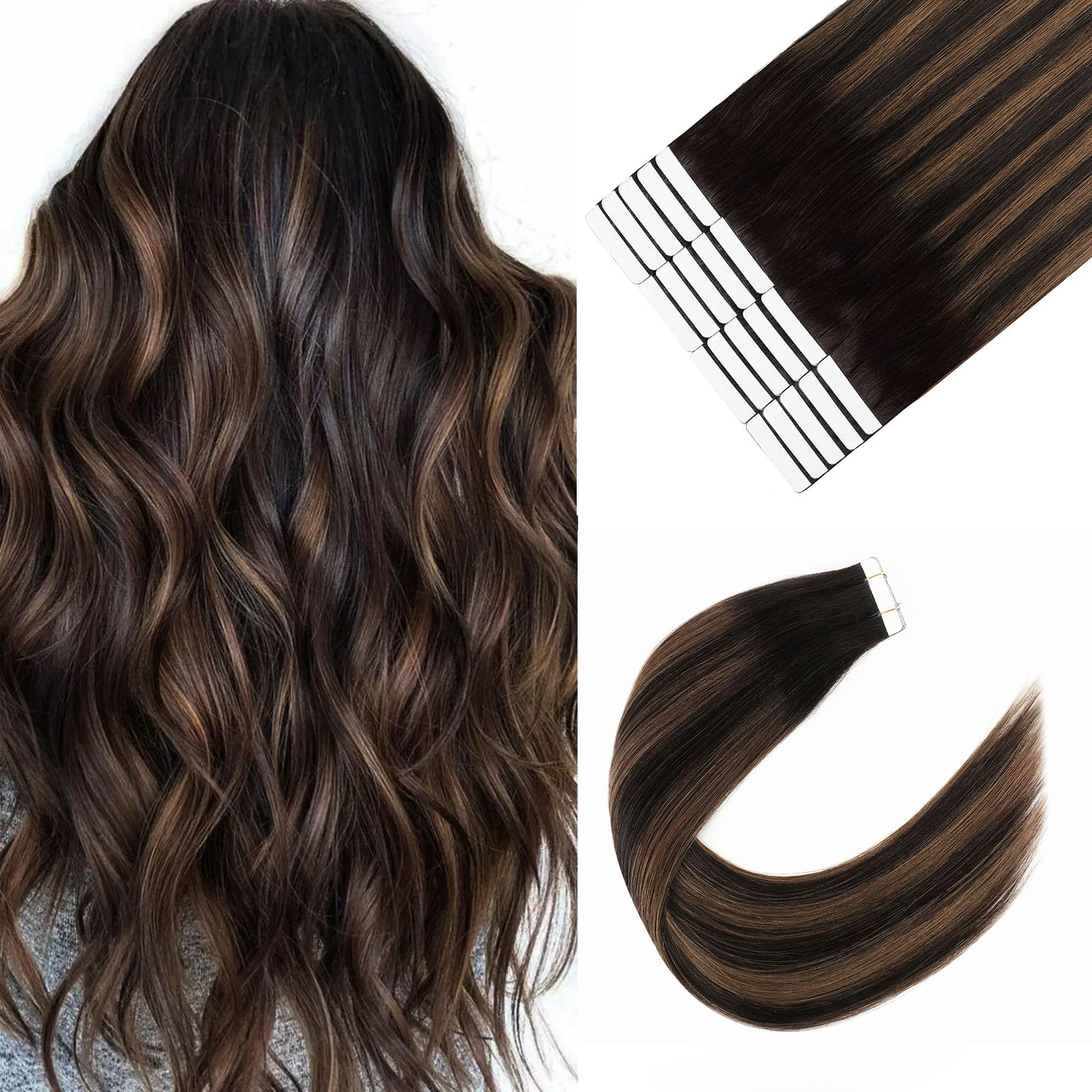 Sixstarhair Tape In Hair Extensions Chocolate Brown Highlighted Caramel Blonde Color Tape In Extensions Ombre Brown Tape Hair Extensions Real Human Hair 50g per Pack 20pcs [P2/6/2 16inch] — image 1