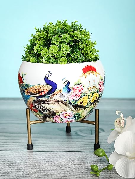 Homspurts Designer Metal Pot with Stand (5 inches). Decorative Pots for Indoor Plants/Metal Plant Pots for Living Room, Balcony and Garden/Home d