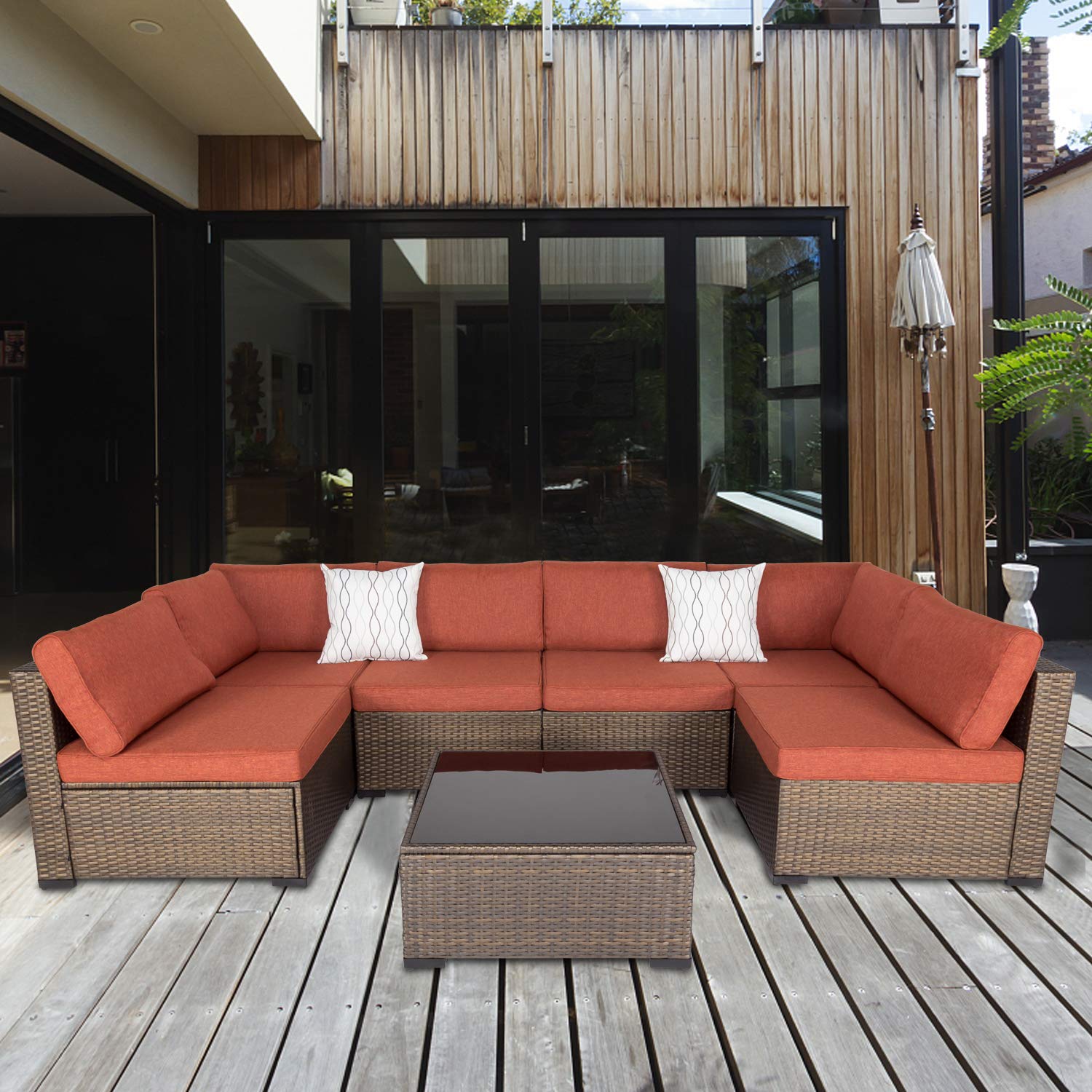 Kinsunny 7 PCs Patio Wicker Rattan Sofa Conversation Set AllWeather