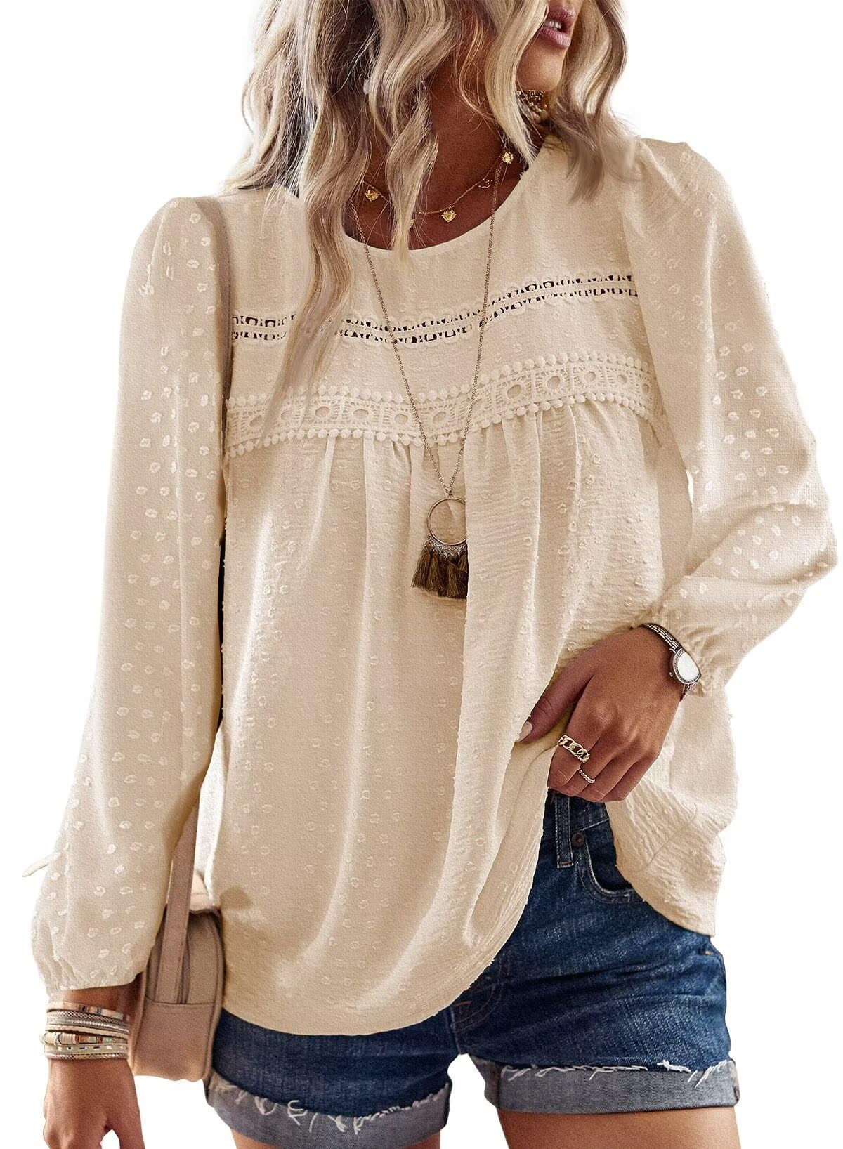 Falechay Cute Tops for Women Lace Pom Pom Babydoll Flowy Maternity Blouses Boho Round Neck Tunic Long Sleeve Girls Loose Apricot XS Image Falechay Cute Tops for Women Lace Pom Pom Babydoll Flowy Maternity Blouses Boho Round Neck Tunic Long Sleeve Girls Loose Apricot XS Image