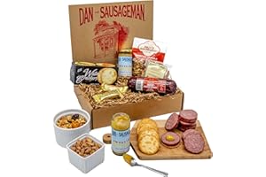 Dan the Sausageman Klondike Gourmet Meat Snack Box with Summer Sausage, Sweet Mustard, Water Crackers, Honey Roasted Peanuts, Addiction Granola, Almond Roca – 7-Piece Items Holiday Box