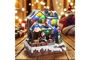 PETAFLOP Christmas Village House with LED Lights, Resin Village Scene with Musical & Animated Reindeer, Gift for Xmas Home Indoor Decorations, 8.3 x 7.5 x 5.9 Inches