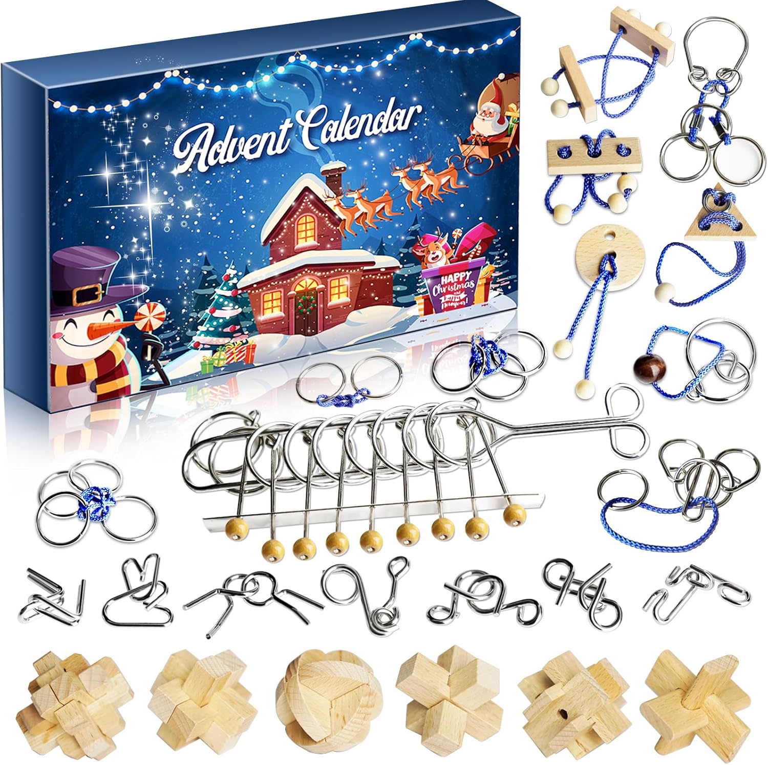 Advent Calendars - Advent Calendar 2023 - Brain Teaser Puzzles for Adults Teens Kids, 24 Pcs Metal & Wood Puzzle Christmas Countdown Calendar, Family Brain Challenge Games Toys, Xmas Gifts for Boys Girls Teens Adults