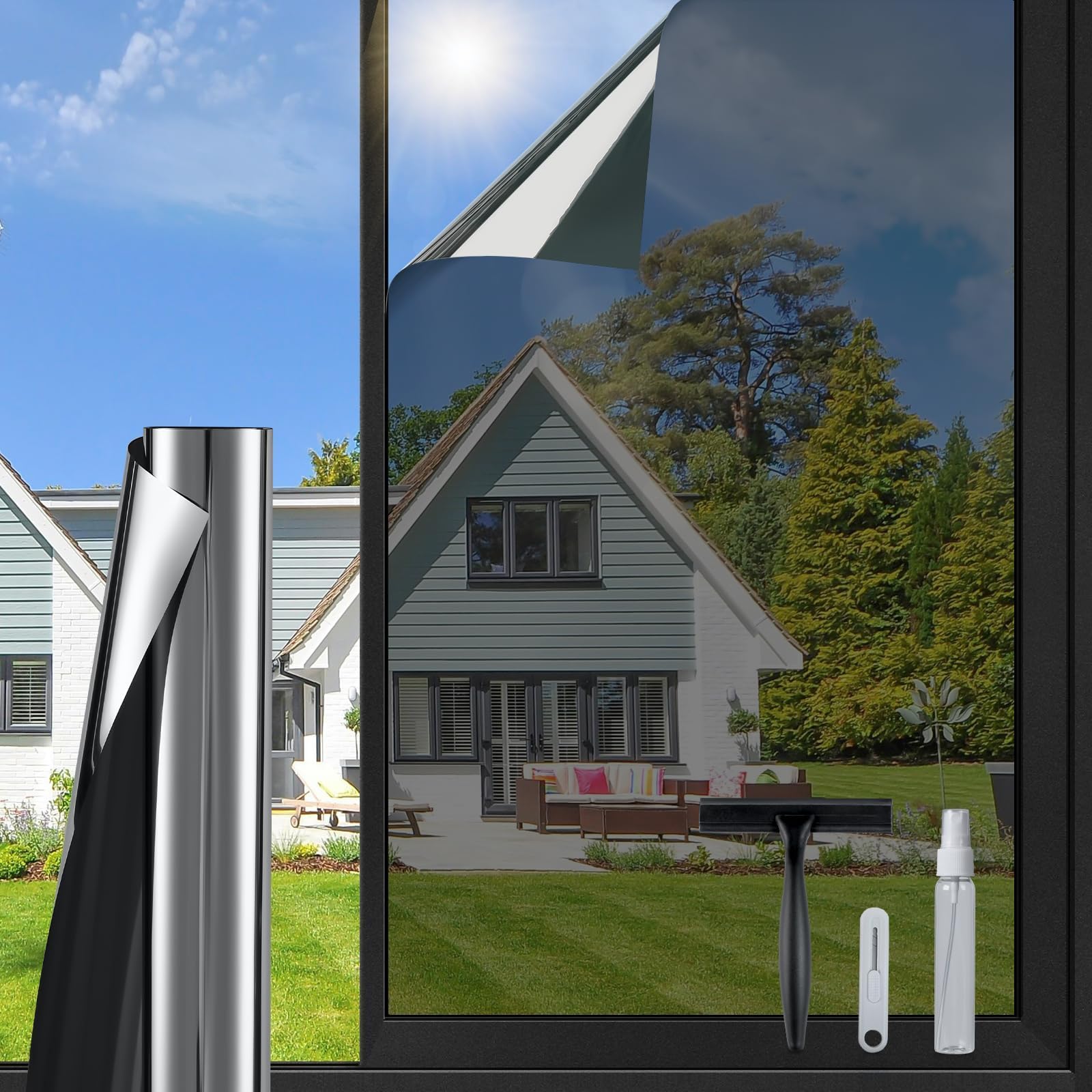 Photo 1 of DOWELL One Way Window Privacy Film with 3 Tools Window Tint for Home Sun Blocking Heat Control Anti UV Reflective Mirror Covering See Out Not in for House and Office Black Silver 17.5" X 78.7"