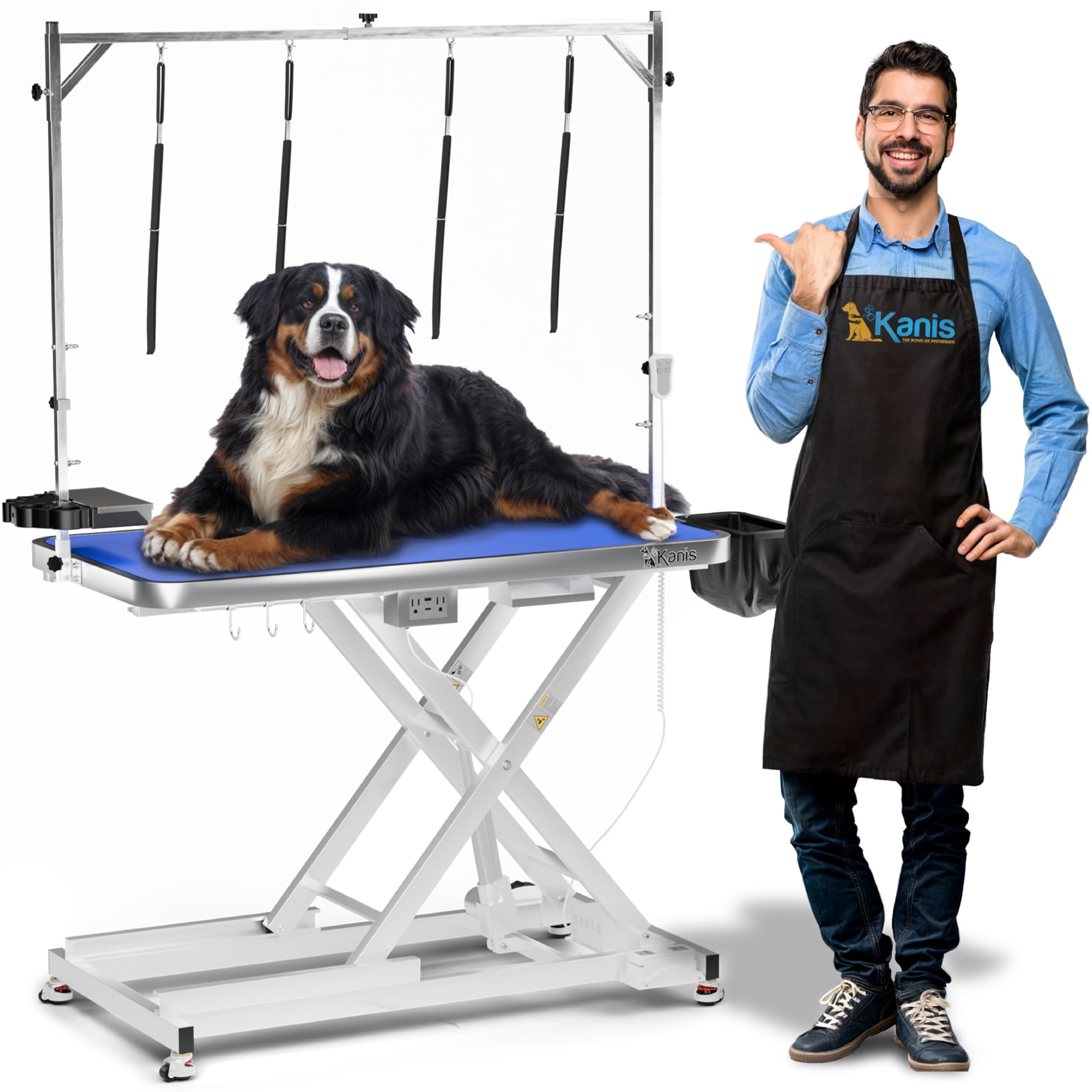 Photo 1 of KANIS Professional Electric Dog Grooming Table - Heavy Duty, Height Adjustable Pet Grooming Table w/Leveling Wheels, Grooming Arm, Anti Slip Tabletop & Tool Organizer/Dog Grooming Station (49", WHITE)