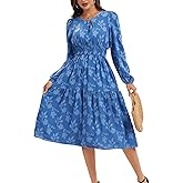 Kormei Women Casual Boho Floral Long Sleeve Midi Dress Round Neck Smocked Waist Tiered Flowy Fall Swing Short Dresses