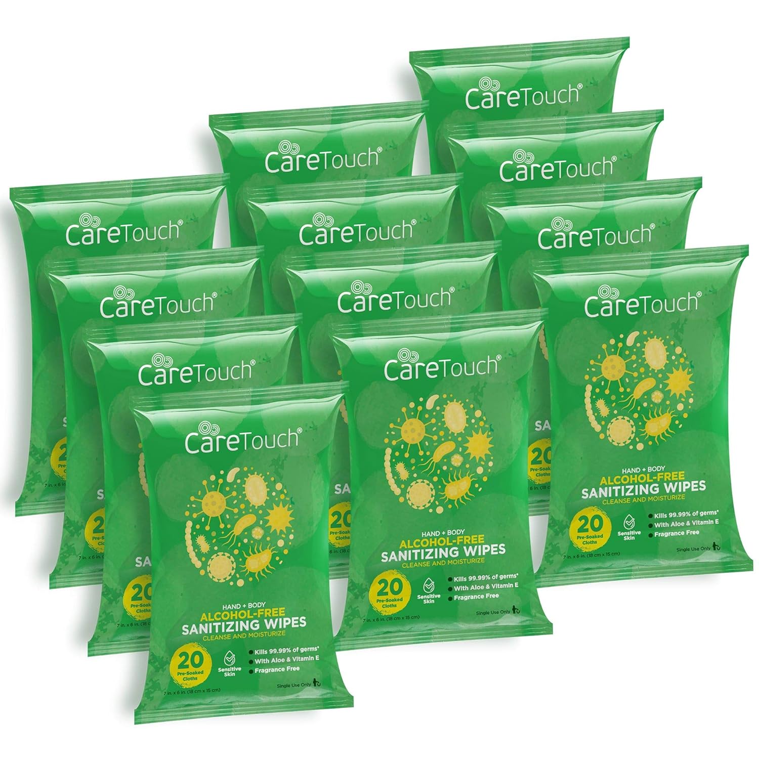 Care Touch Alcohol-Free Hand Sanitizing Wipes | 12 Pouches of 20 Wipes (240 Total) | Antibacterial Hand Wipes with Vitamin E + Aloe Vera for Babies and Adults | Made in The USA