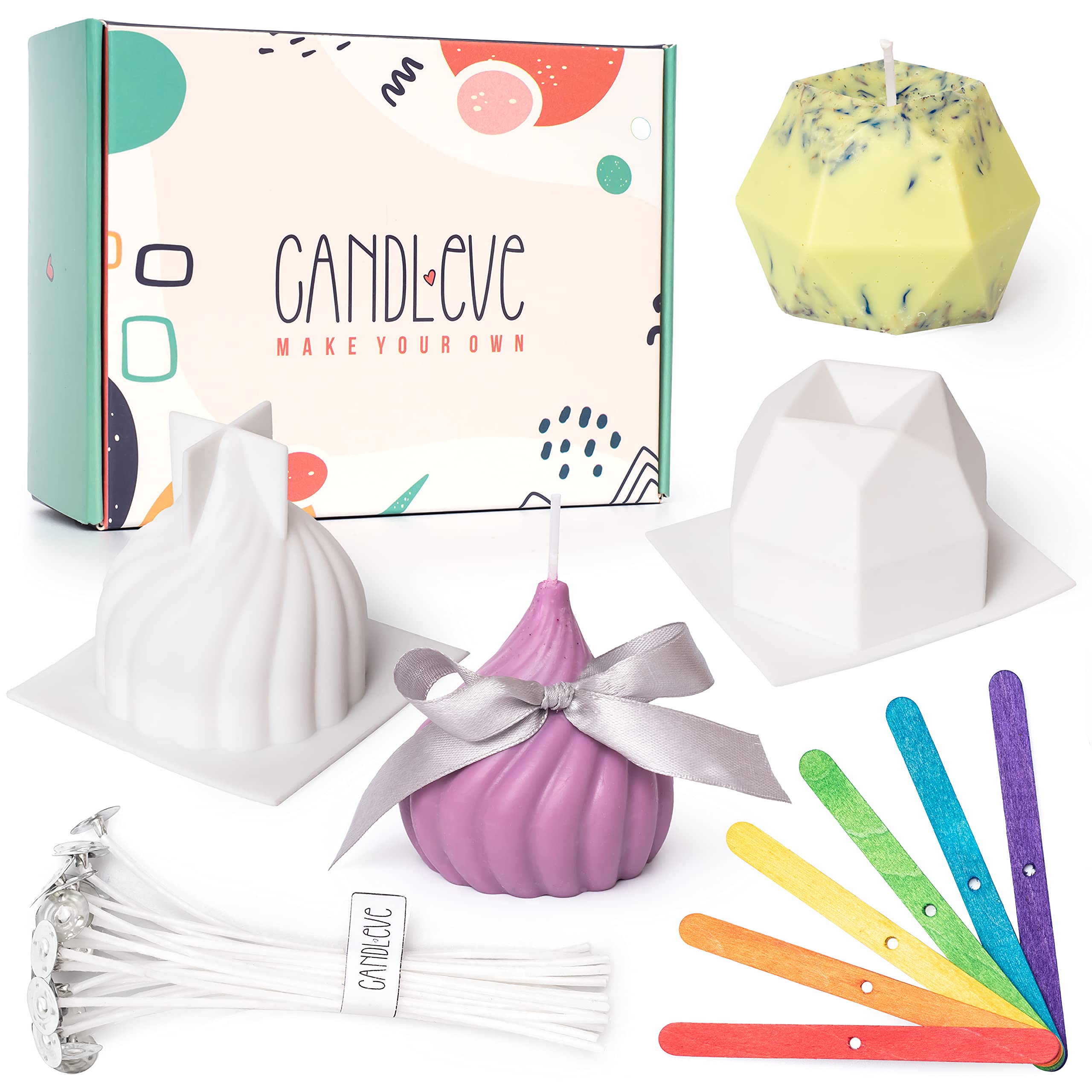 Candleve Candle Making Moulds - 3D Silicone Shapes for Soap, Resin, Chocolate - Diamond & Onion Shapes, 25 Pre-Waxed Wicks, Wooden Centering Holders & Storage Box - Wax Crafting Supplies for Beginners