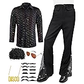 Mepase 70s Disco Outfit Costume Bell Bottom Pants Disco Shirts for Halloween Dress Up