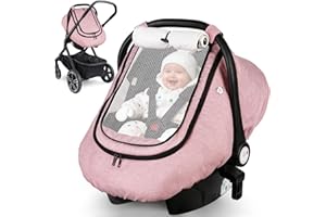 Rquite Car Seat Cover Baby, Winter Carseat Covers Boy Girl, Waterproof Infant Car Seat Cover Warm Car Seat Canopy for Cold Weather, Windproof Baby Carrier/Stroller Cover with 2 Layers Windows, Pink