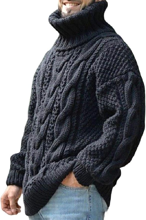 QNMB Men Turtleneck Winter Cable Knitted Plain Slim Fit Pullover