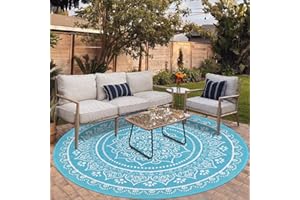 Vaukki Reversible Boho 6 Ft Round Rugs, Plastic Straw Outdoor Mat, Outdoor Patio Mat, Lightweight Mandala Area Carpet for Patio, Deck, Camping, Beach, Dining Room, Backyard and Picnic, Teal