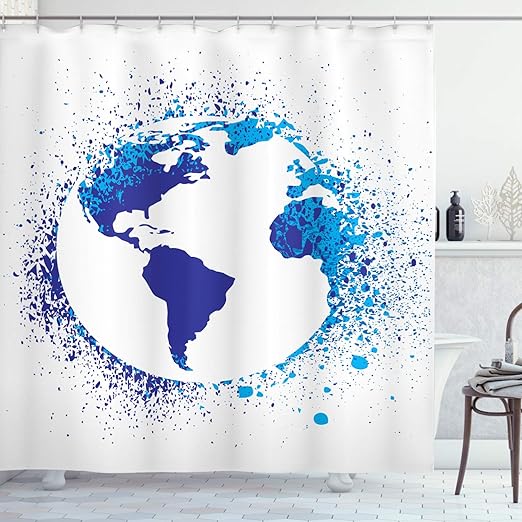 Amazon Com Ambesonne Grunge Home Decor Shower Curtain Set Globe With Ink Splatter Illustration Color Splashes All Over World Map Continents Bathroom Accessories 84 Long Extra Blue White Home Kitchen