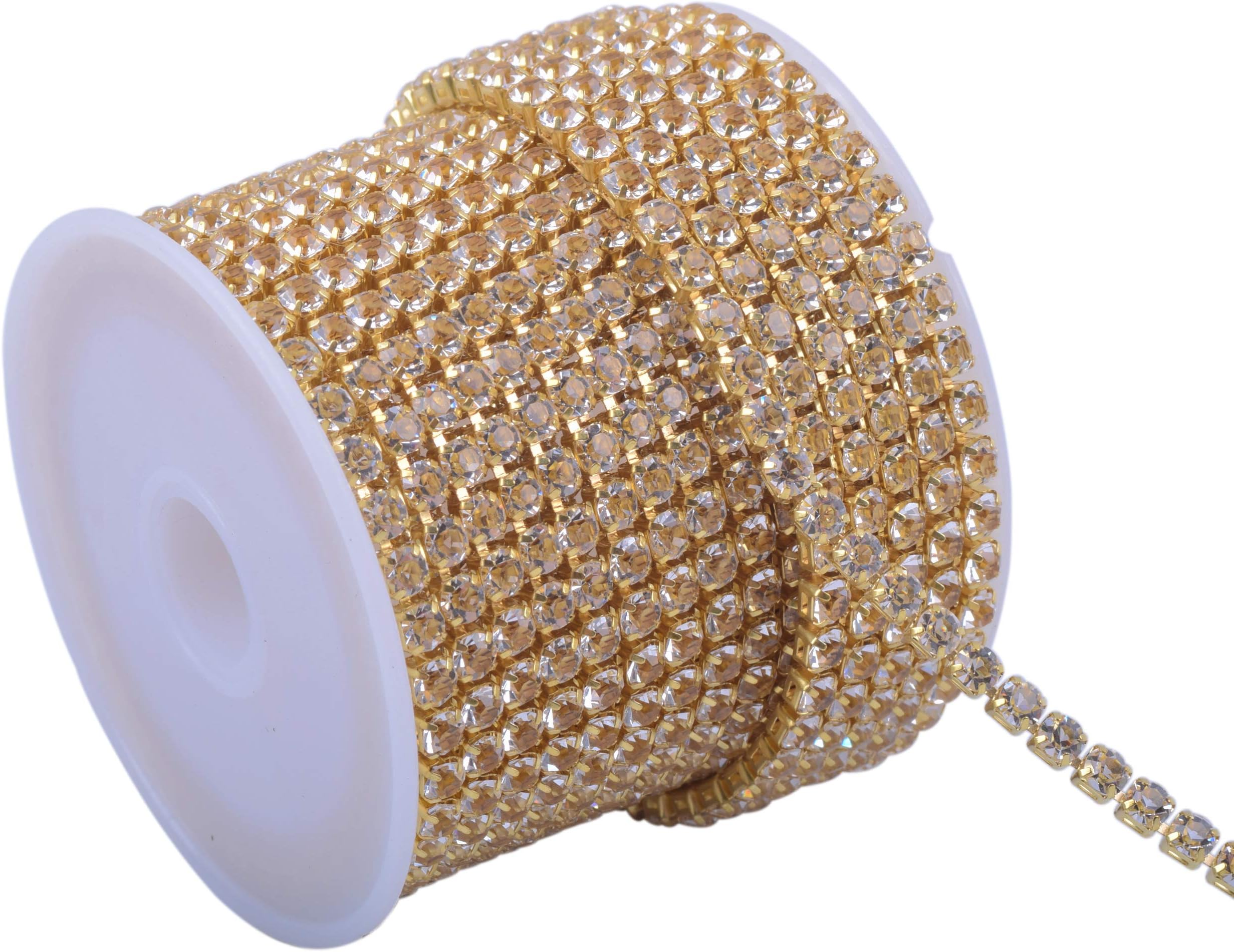 KAOYOO 5 Yards 4MM Zircon Rhinestones Close Chain Beaded Trim for Sewing Crafts,DIY Decoration（Gold）
