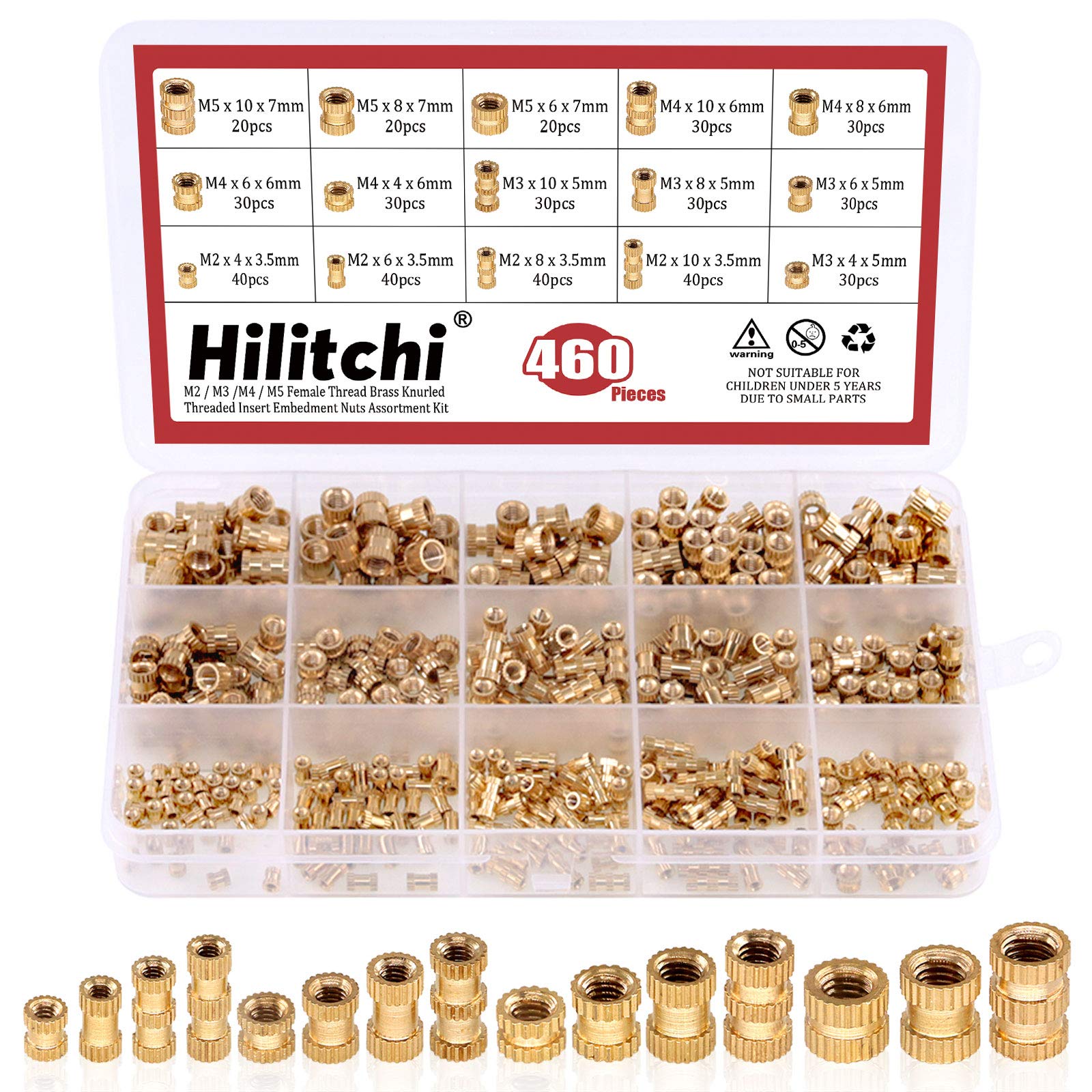 Hilitchi 460 Pcs M2 M3 M4 M5 Female Knurled Brass Threaded Insert Kit, Embed Parts, Pressed Fit into Holes for 3D Prints and More Projects