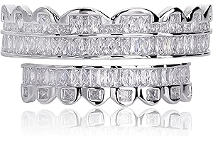 TOPGRILLZ Diamond Grillz Men Gold Grills for Your Teeth Iced out Hip Hop 14K Gold Plated Baguette Cubic Zirconia 8 Teeth Top and Bottom Grillz for Women Rapper Costume
