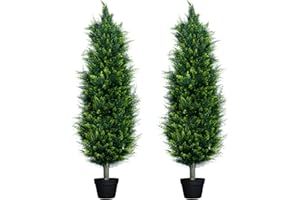 UNADRA Outdoor Christmas Trees for Front Porch Faux Cedar Topiary Shrubs 5ft Tall Set of 2– Potted Artificial Evergreen Pine Plants Bushes Home Decor, Fake Cypress Shrubs Entryway Decorations