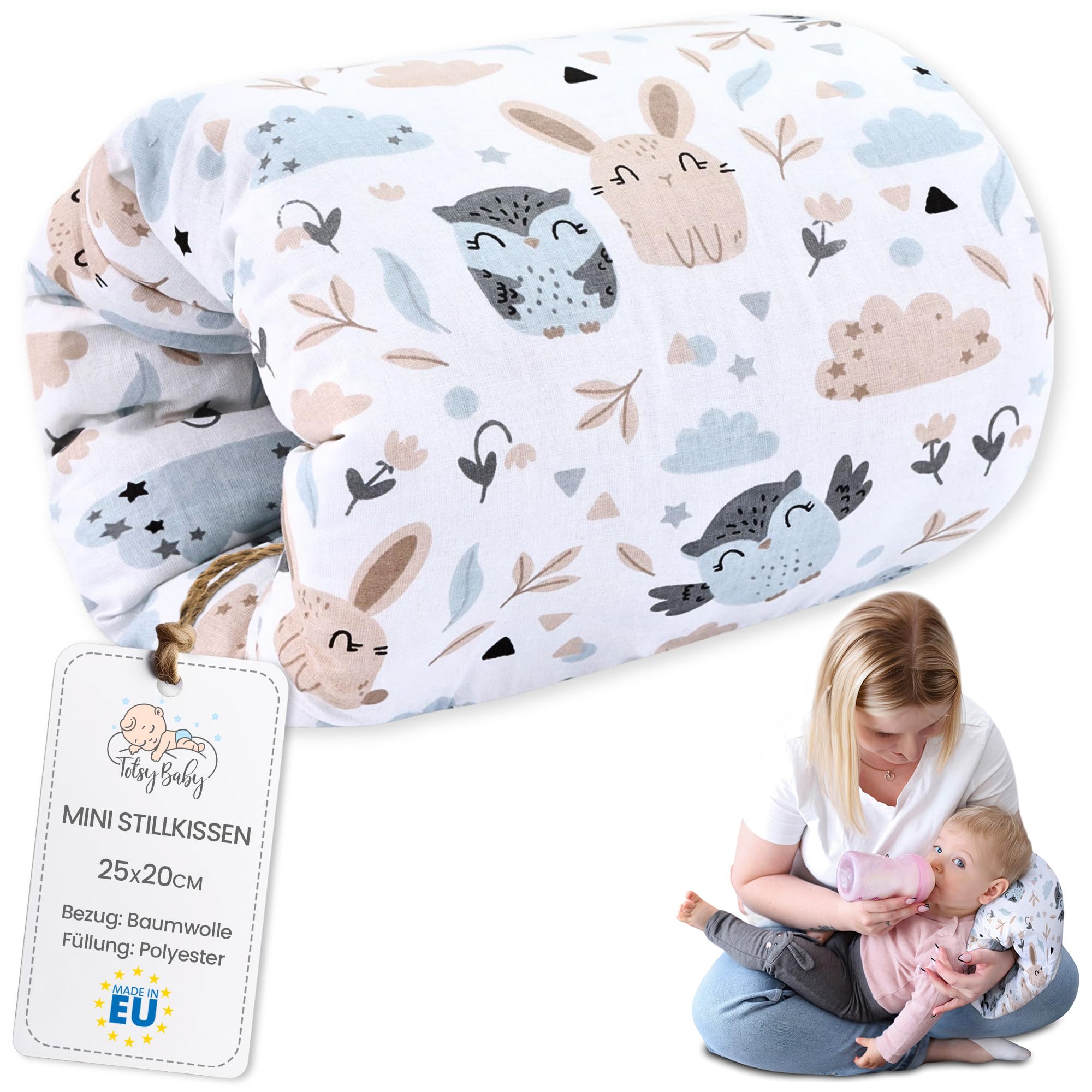 Small nursing pillow Breastfeeding and Nursing Pillow for on the go 20 cm - Nursing arm pillow and positioning pillow Baby arm nursing pillow made of soft cotton Oeko-Tex Owls white