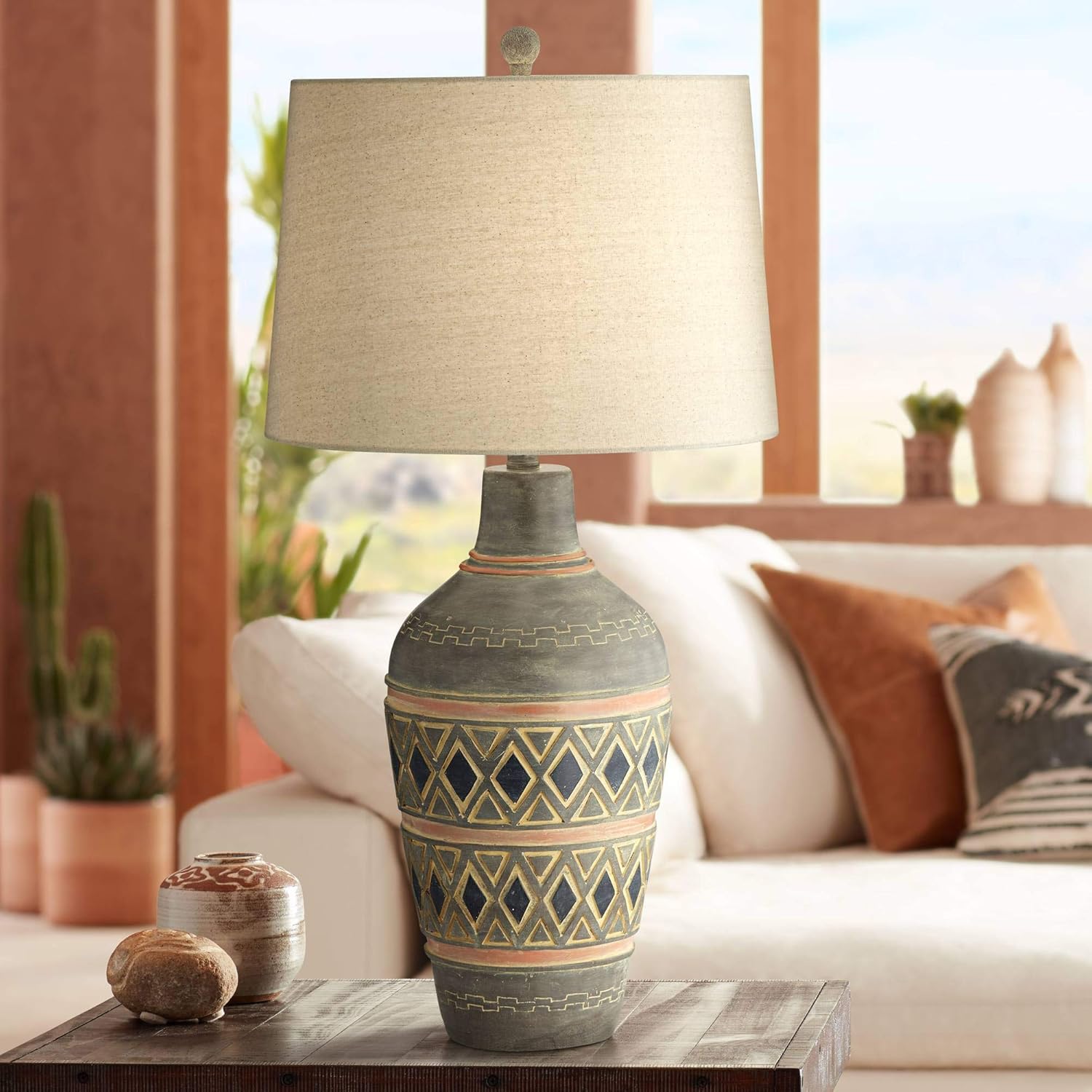 Desert Mesa Rustic Table Lamp Southwest Style Pattern Oatmeal Fabric Drum Shade For Living Room Bedroom Bedside Nightstand Office Family John Timberland Amazon Com