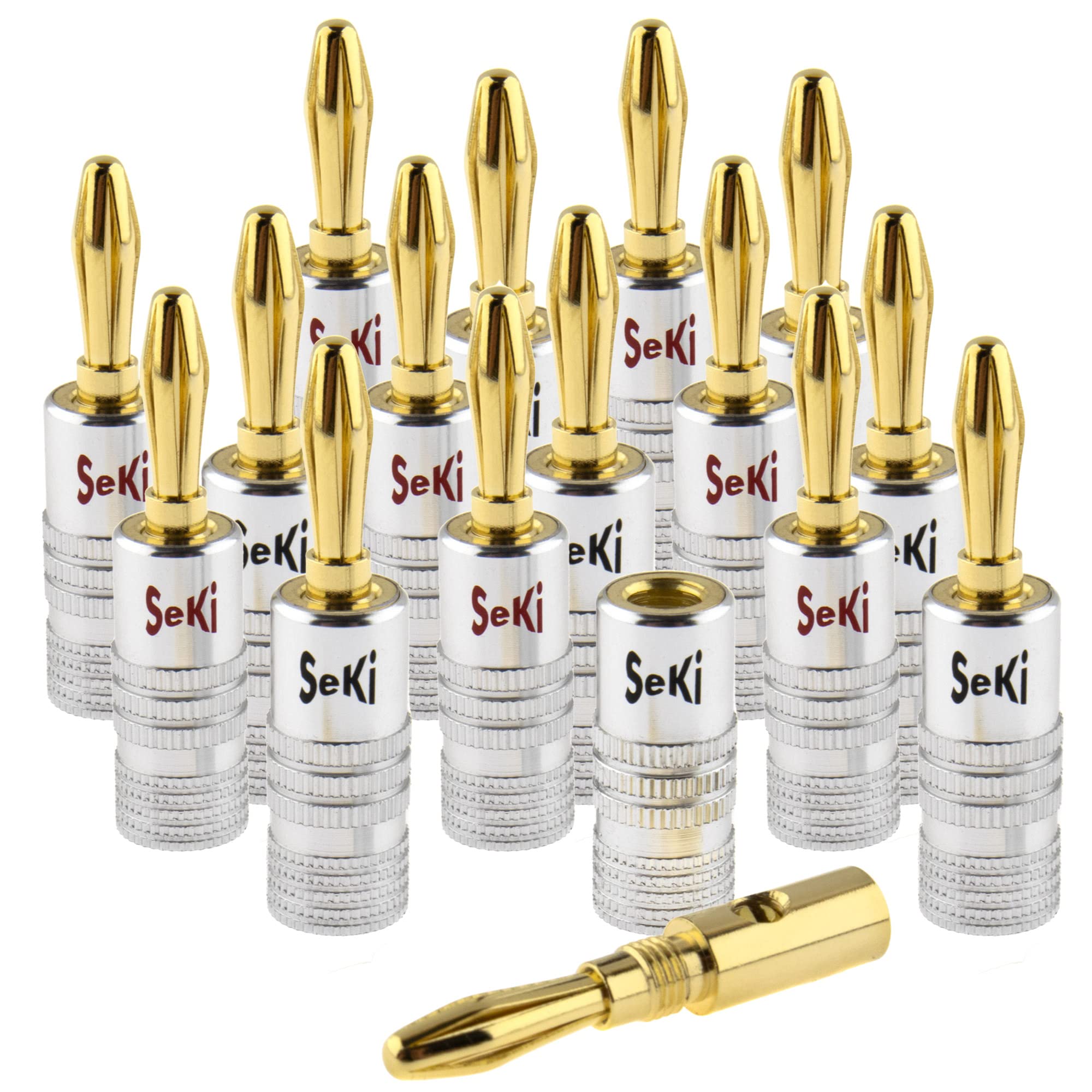 SeKi 16x Banana Plugs 24K Gold-Plated for Speaker Cables up to 6 mm2 with Colour Coding (Red & Black) for Connecting the Cable to HiFi Systems, Amplifiers, Stereo Systems