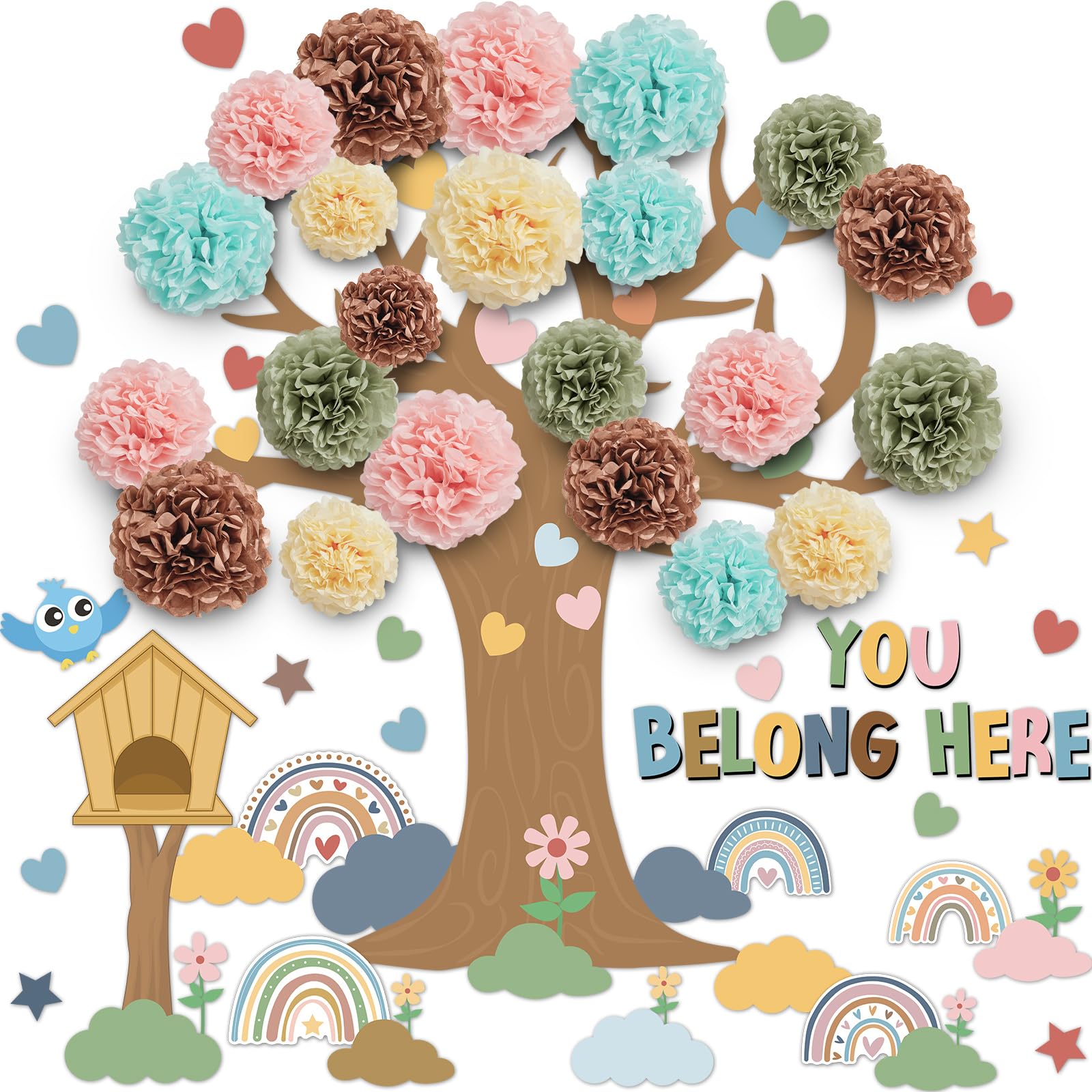 Photo 1 of Boho Tree Classroom Bulletin Board Set with 3D Tissue Paper Flower You Belong Here Classroom Decorations Boho Rainbow Heart Paper Cutouts for Back to School Chalkboard Nursery Home Door Wall Decor