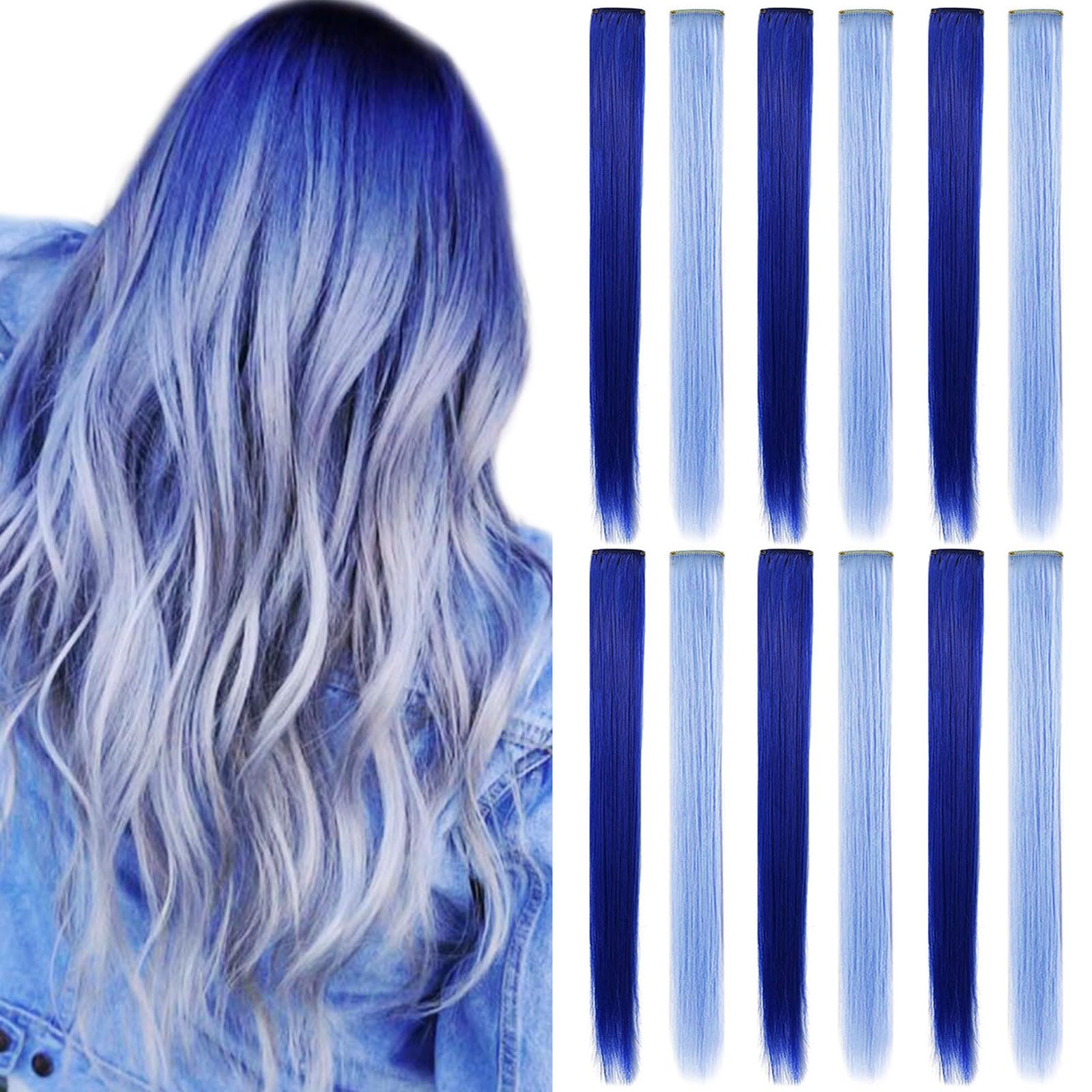 MQY COLOR 12 PCS Multi Colored Hair Extensions Clip in,Blue Hairpieces Party Highlights DIY Hair Accessories for Girls Women 21 Inches Long Hair (Dark blue,Light blue)
