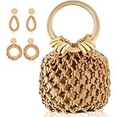 Sweetude Mini Clutch Tote Handbag 2 Pairs Rattan Earrings for Women Crossbody Bag Bohemian Woven Clutch Bucket Handbag