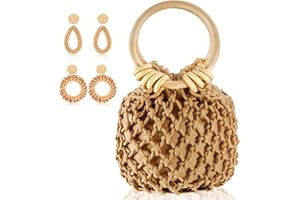 Sweetude Mini Clutch Tote Handbag 2 Pairs Rattan Earrings for Women Crossbody Bag Bohemian Woven Clutch Bucket Handbag
