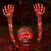 Halloween Skeleton Decorations Outdoor, Light Up Skull Head & Skeleton Hands Stake Lights, Battery Operated Red LED Halloween Skull Decorations for Yard Lawn Garden Graveyard & Haunted House Decor
