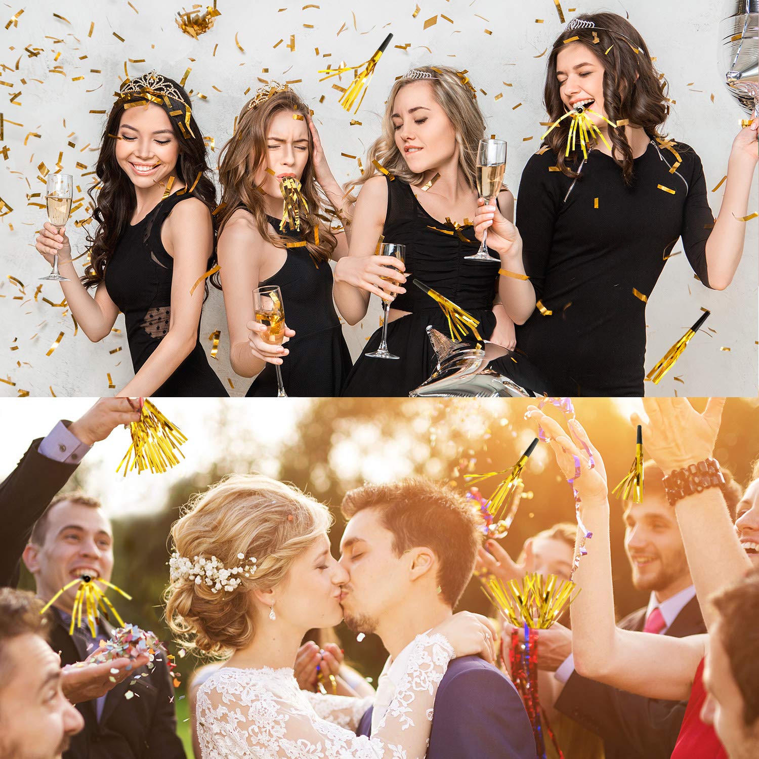 Sumind 24 Pieces Gold Noise Makers Glitter Noise Makers Metallic Fringed Party Blowers for Adults Birthday Graduation Sporting Events 2025 New Years Party Favor Supplies