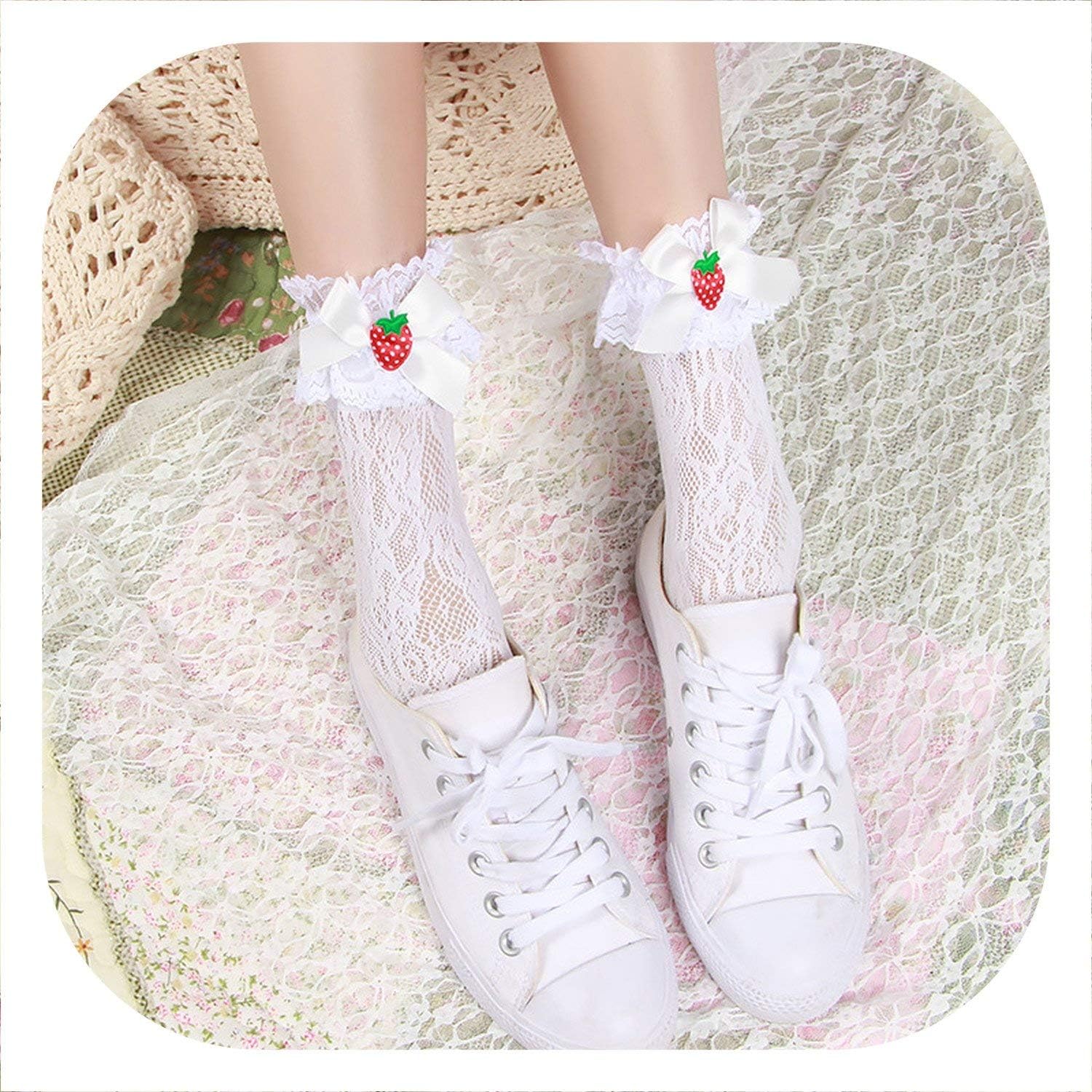 Tree&Sea Women Strawberry Lolita lace Socks Grls Lovely Bowknot lace Stockings heap heap Socks Black and White