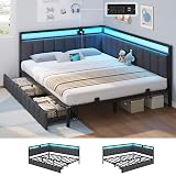 Hasuit Queen Corner Bed Frame with Storage Drawers, Queen Daybed with Line Fabric Upholstered Fence, Kids Bed Unit with LED Light and Charging Station, Modern Bed Frame Queen Size, Gray