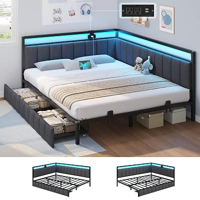 Hasuit Queen Corner Bed Frame with Storage Drawers, Queen Daybed with Line Fabric Upholstered Fence, Kids Bed Unit with LED Light and Charging Station, Modern Bed Frame Queen Size, Gray