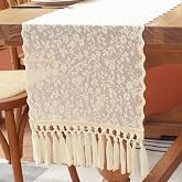 Beige Lace Table Runner Flower Boho Table Runner Farmhouse Vintage Rustic Cloth Table Runners for Xmas Fall Home Dinning Table Decorations (14x64 inch,Tassel Included)