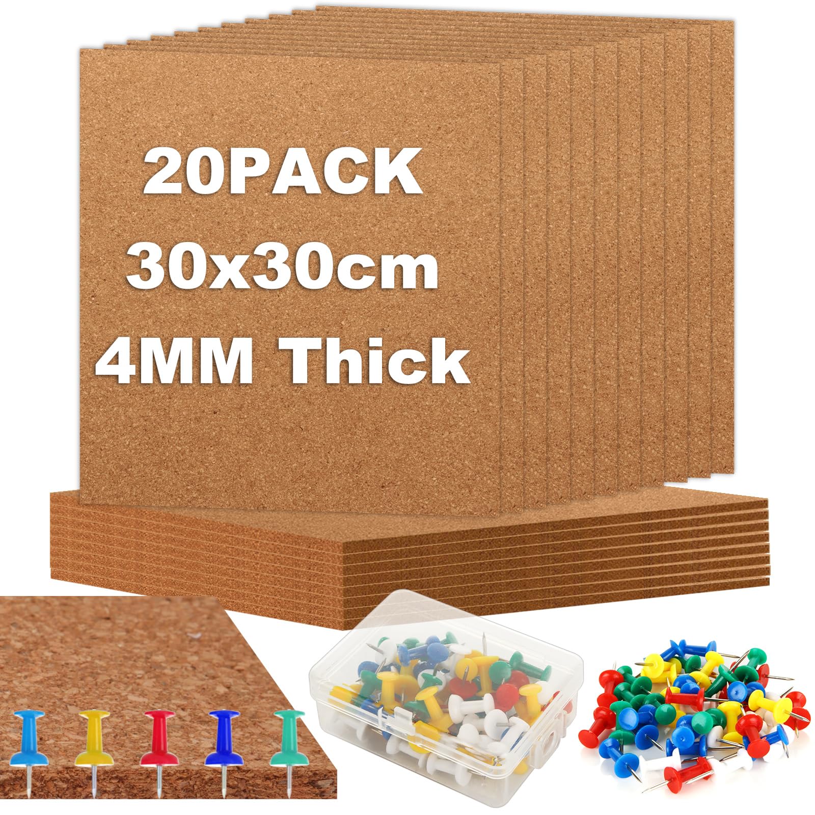 YOUNTHYE 20PCS 4mm Thick Cork Tiles, 30cm x 30cm Square Cork Tiles Small Corks Boards with 60 Push Pins, Small Bulletin Boards for Walls Decoration, DIY Crafts