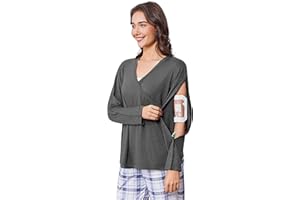 Deyeek Women's Post Shoulder Surgery Shirts Long Sleeve V-Neck Wrap Chemo Blouse Easy Access Adaptive Snap On Dialysis Shirts